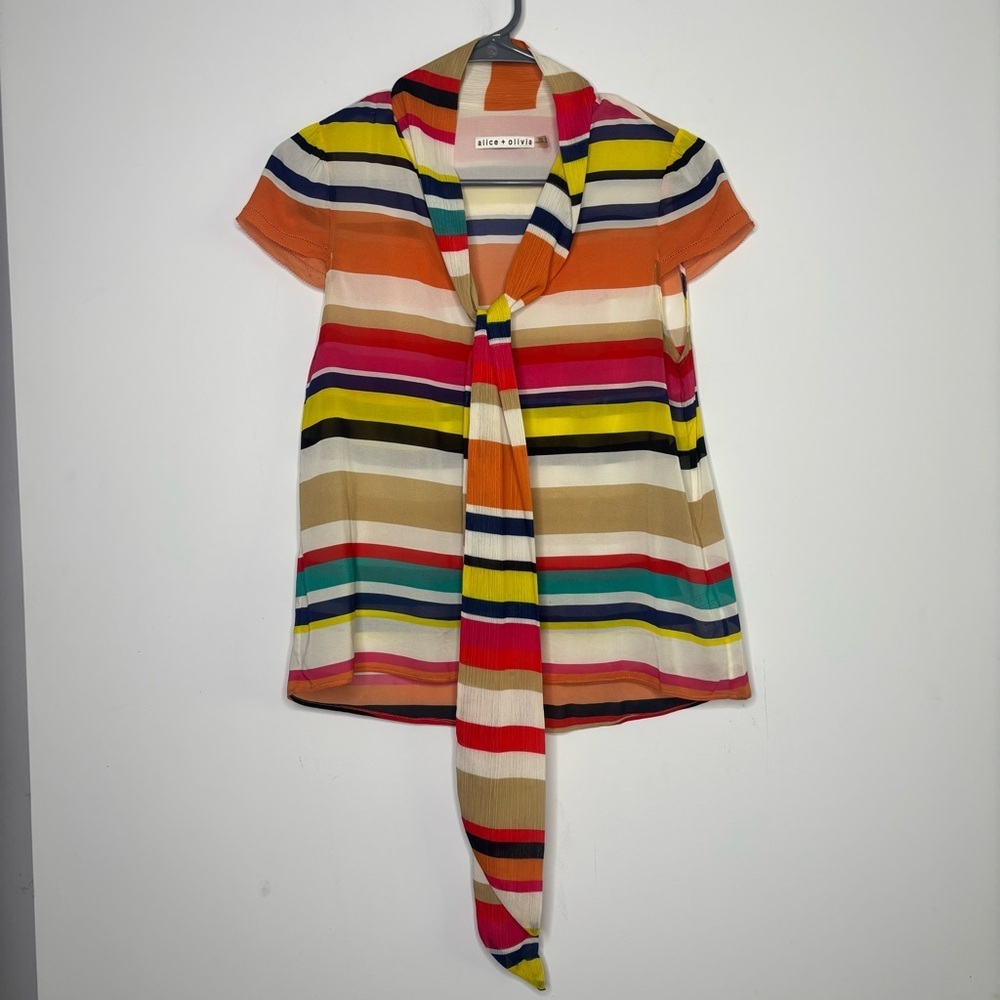 Alice + Olivia Sheer Striped Cap Sleeve Tie Neck Silk Blouse Top XS
